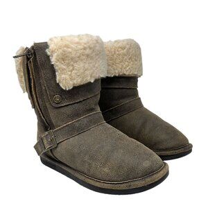 Bearpaw Womens 7 Madison Brown Suede Boots Wool Blend Shearling Fur-Lined Zipper